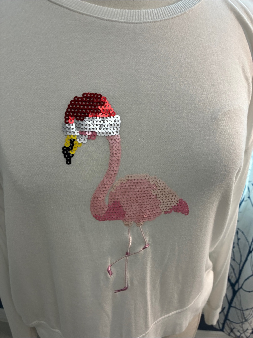 Cynthia Rowley White Long-Sleeve Christmas Flamingo Sequin Top